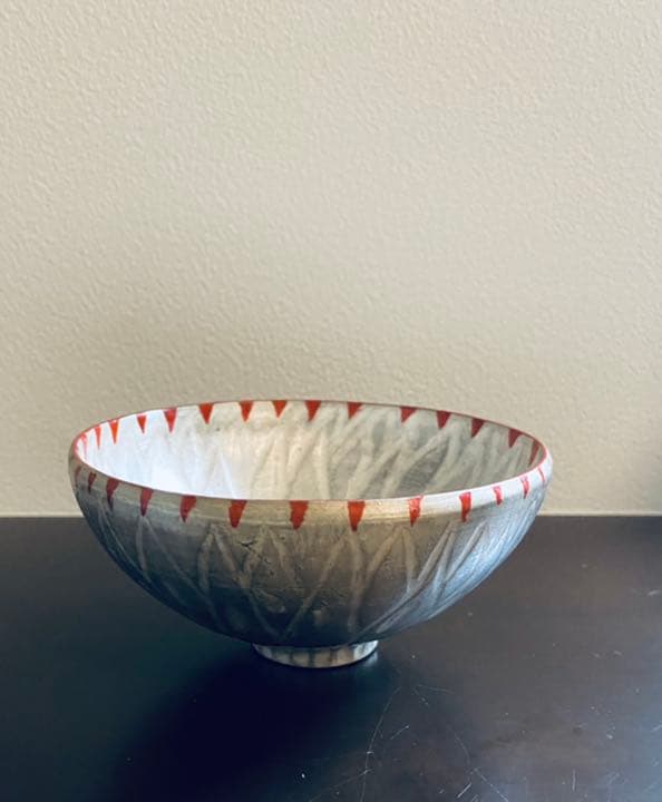 林みちよ　紅縁銀彩花碗　高台紅花　旅茶碗　小服茶碗　ティーカップ　茶道