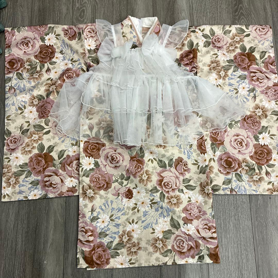 キャサリンコテージ チュールフリルエプロン 着物ワンピース 被布 七五三 7歳