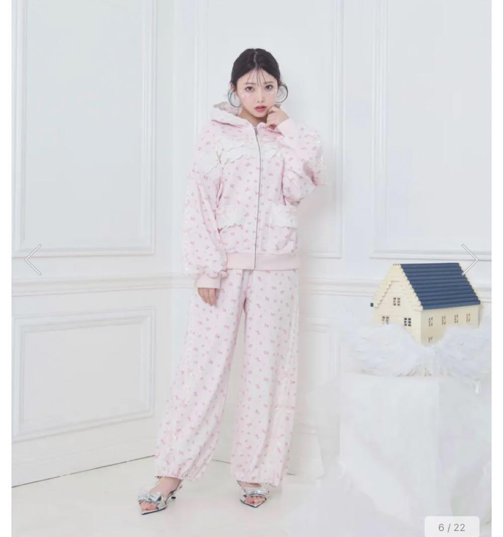 Honey Cinnamon コットンはしごレーススウェットパンツ　ピンク