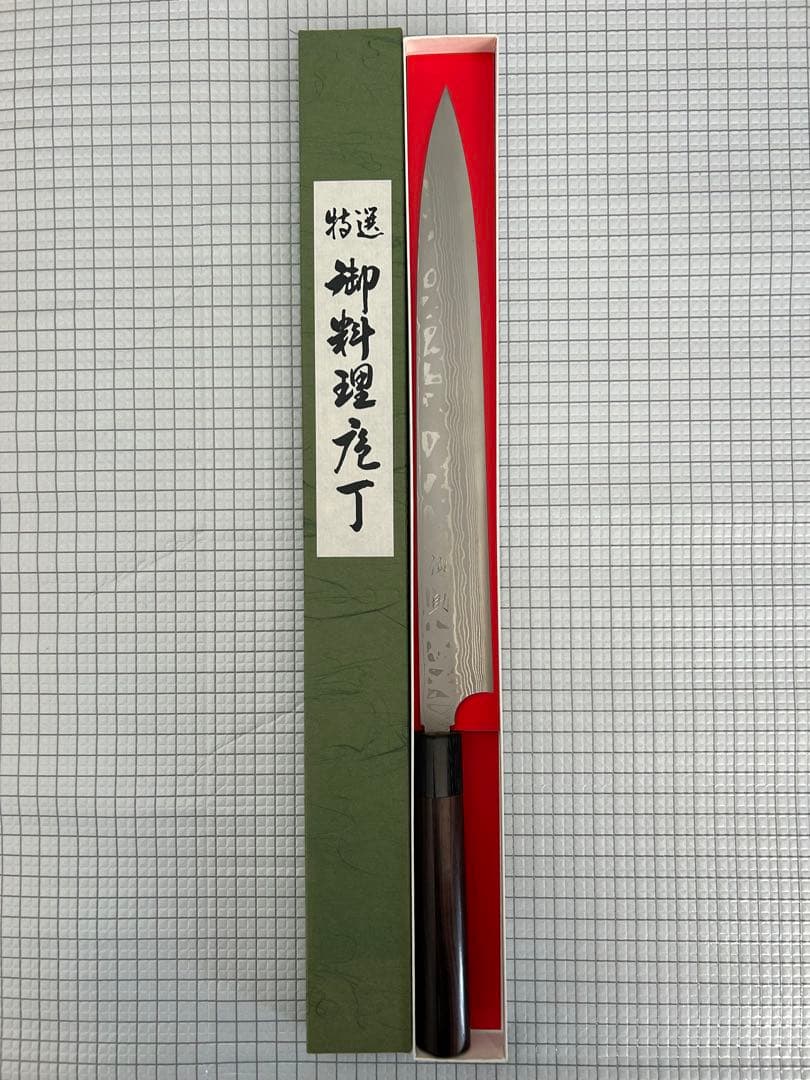 仙助 柳刃包丁 包丁 300mm 安来鋼青紙２号 ダマスカス 紫檀シノギ柄 ②