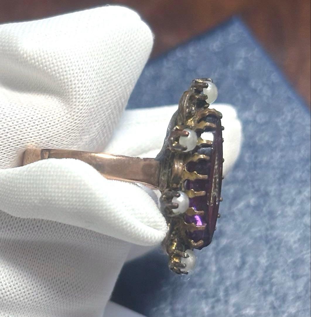 フランス アンティーク リング 指輪 ガラス パール パープル 鑑別書
