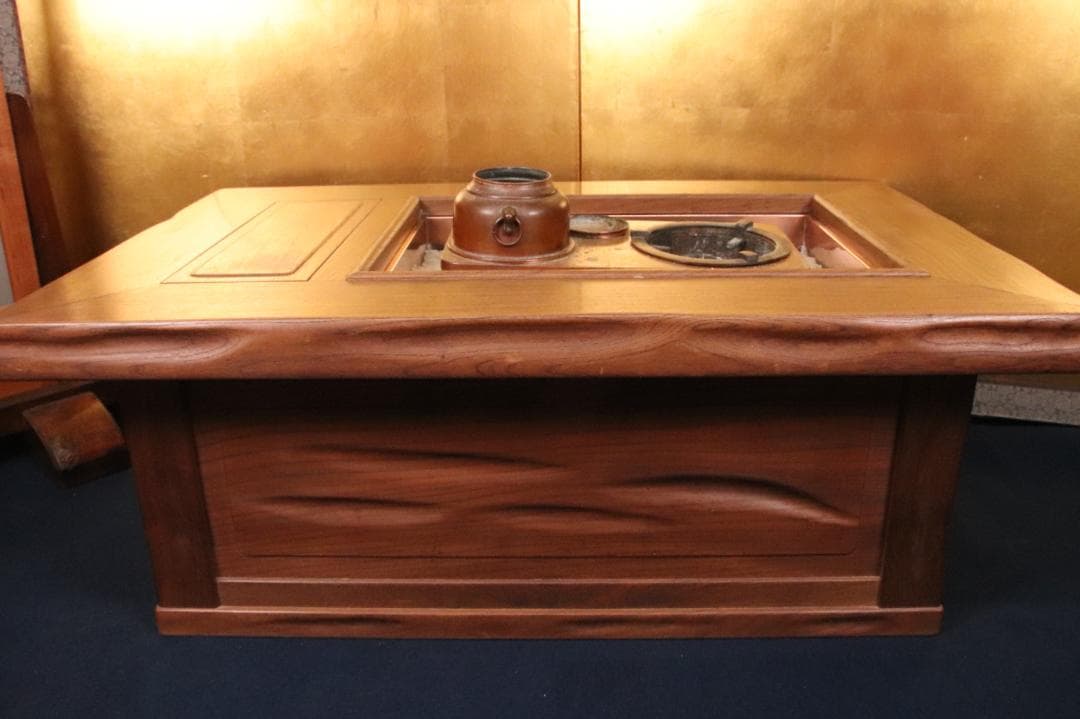 BE419　時代家具　関西火鉢　３尺　天板厚５㎝　純銅製 酒燗器 火箸 灰ならし
