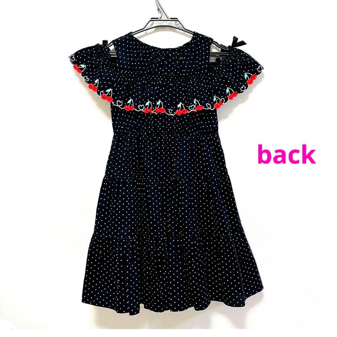 新品 タグ付 メゾピアノ 130 ワンピース 肩出し 黒 水玉 チェリー ドット