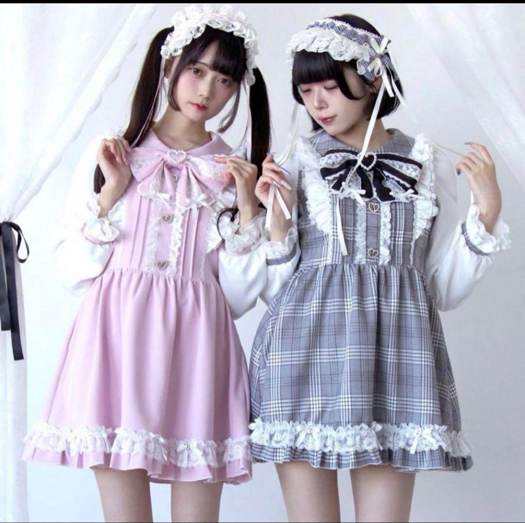 夢展望 バラレースパールリボンハートビジューワンピース　チェックグレー４Lサイズ