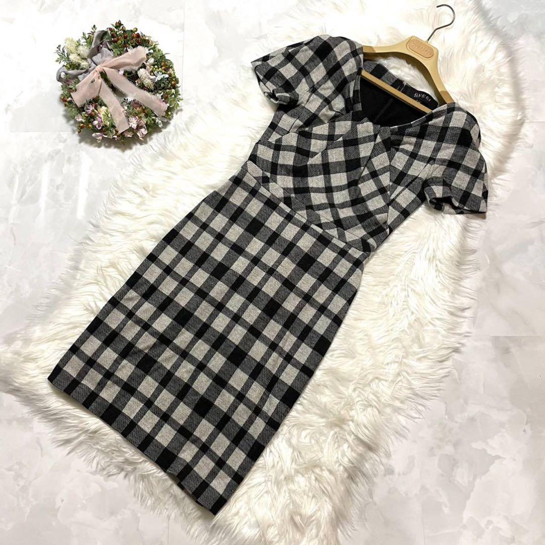 本物 グッチ チェック柄 ギャザー ワンピース ドレス XS 黒 灰 GUCCI