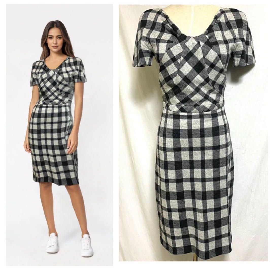 本物 グッチ チェック柄 ギャザー ワンピース ドレス XS 黒 灰 GUCCI