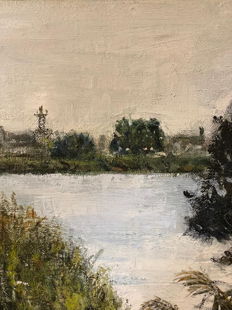 「真作」真殿靖「水郷(安土八幡)」風景画　油彩画　額装　サイン有り　P20号