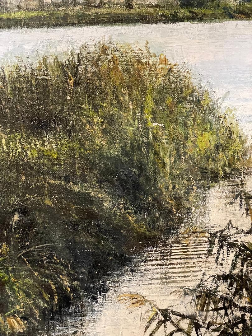 「真作」真殿靖「水郷(安土八幡)」風景画　油彩画　額装　サイン有り　P20号