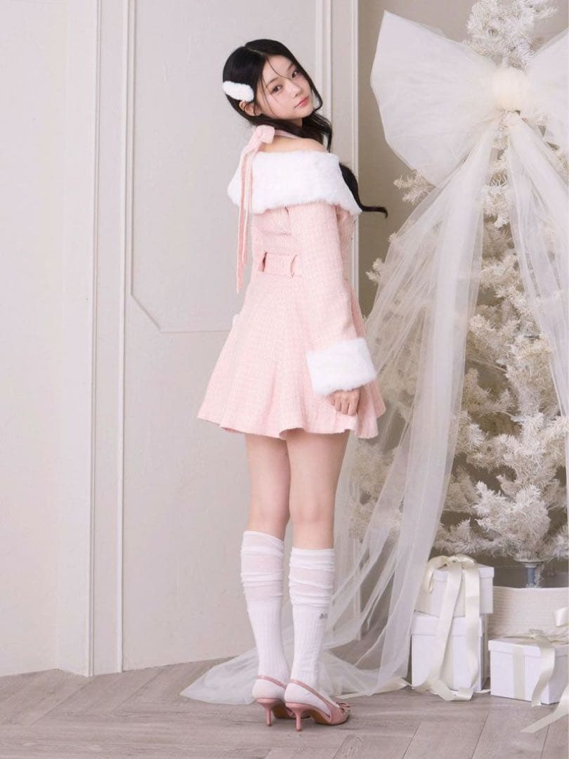 【BUBBLES】ファーオフショルツイードワンピース