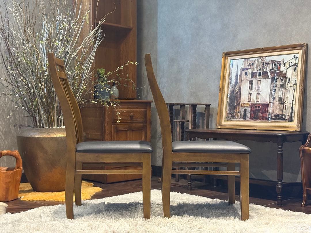 IDC 大塚家具 ダイニング リビングチェア ブラックレザー ビンテージ H