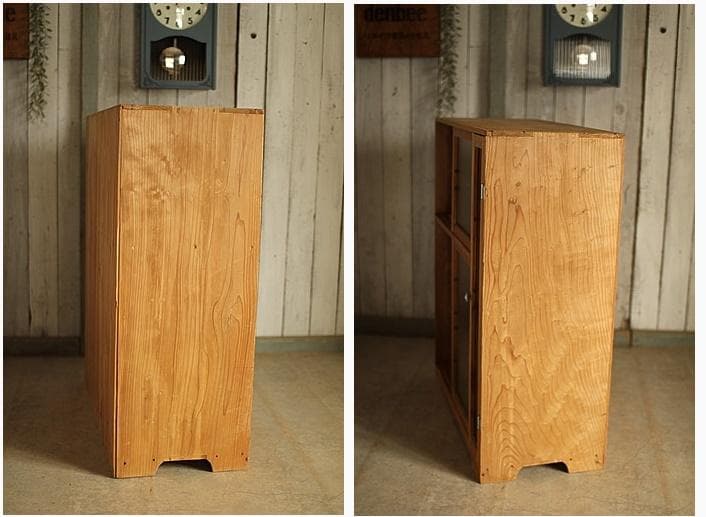 古い木枠のモールガラス戸棚 収納棚 食器棚 キャビネット