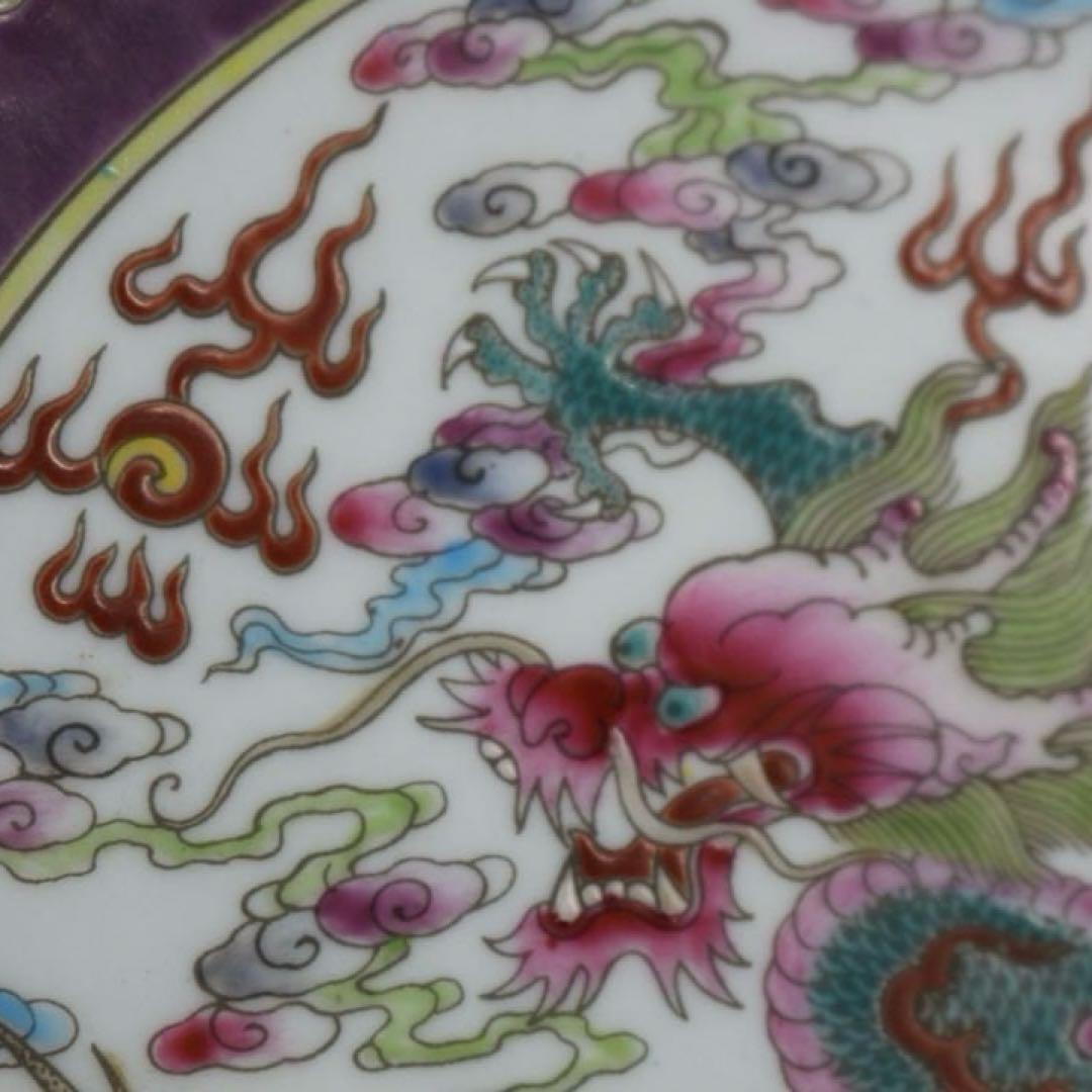 旧家蔵出清国時代大型雍正琺瑯彩 海水龍紋皿 逸品置物