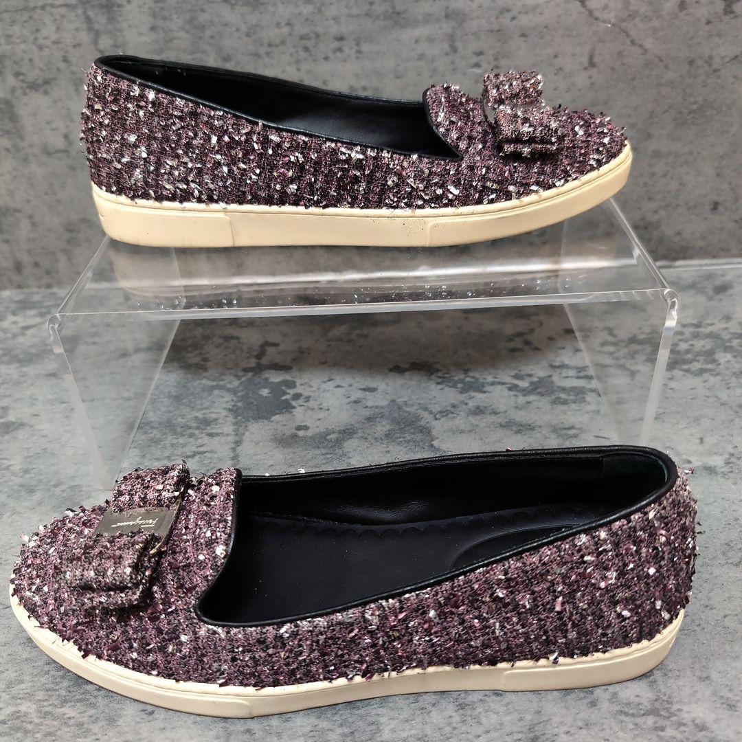 ​フェラガモ ヴァラリボン スニーカー スリッポン ツイード ラメ 紫 24cm