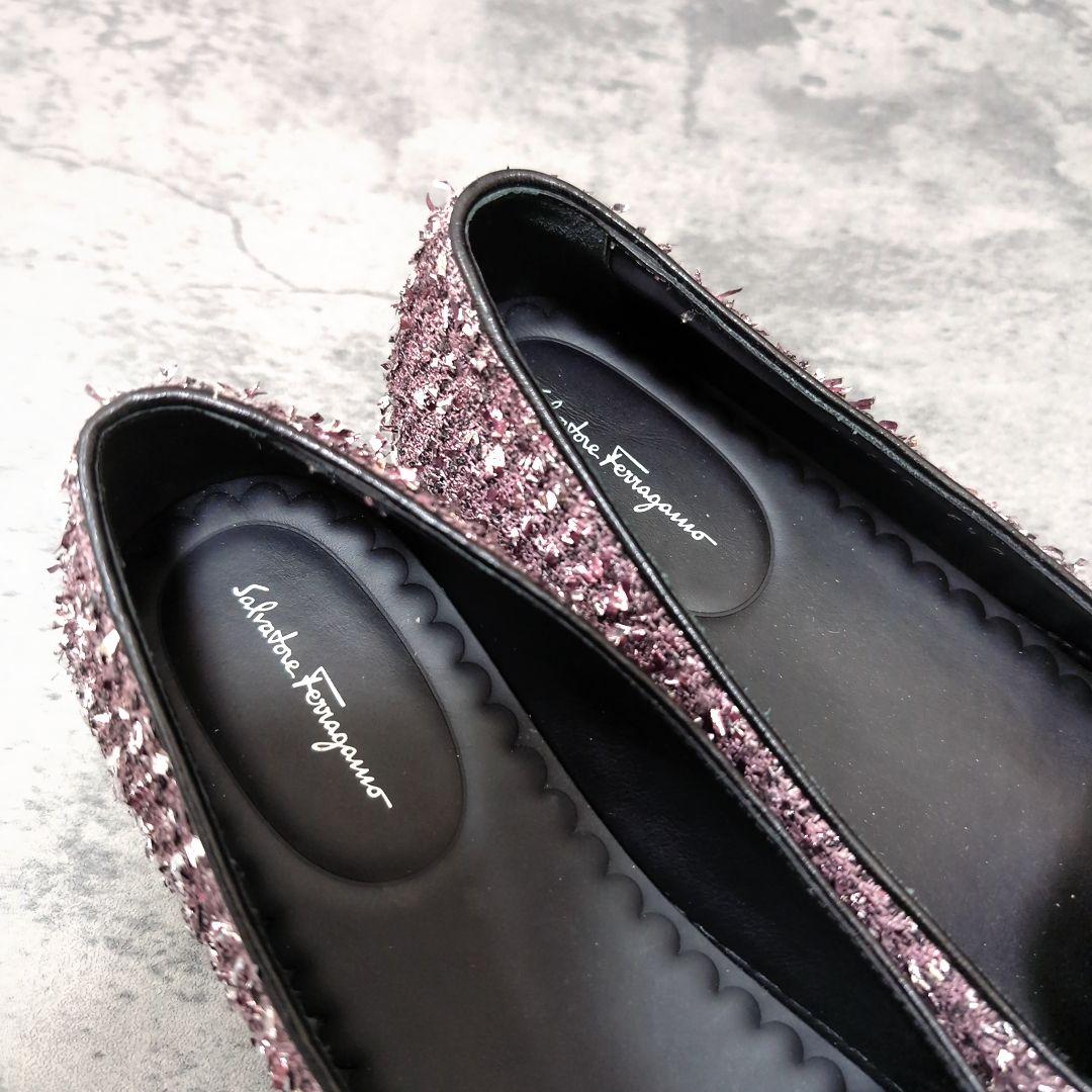 ​フェラガモ ヴァラリボン スニーカー スリッポン ツイード ラメ 紫 24cm