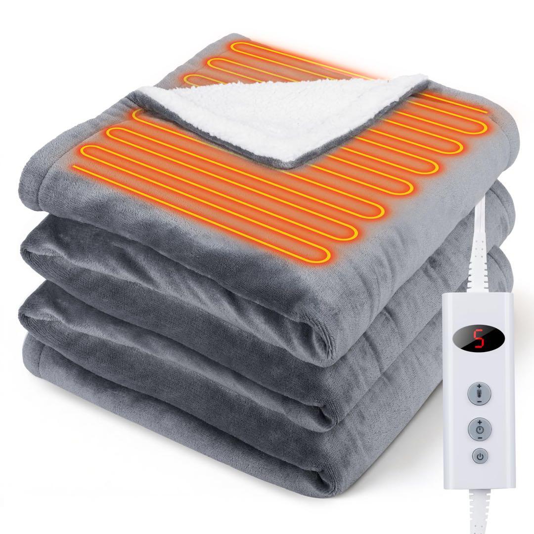 電気毛布 掛け敷兼用 大判190×130cm 表フランネル／裏シープボア グレー