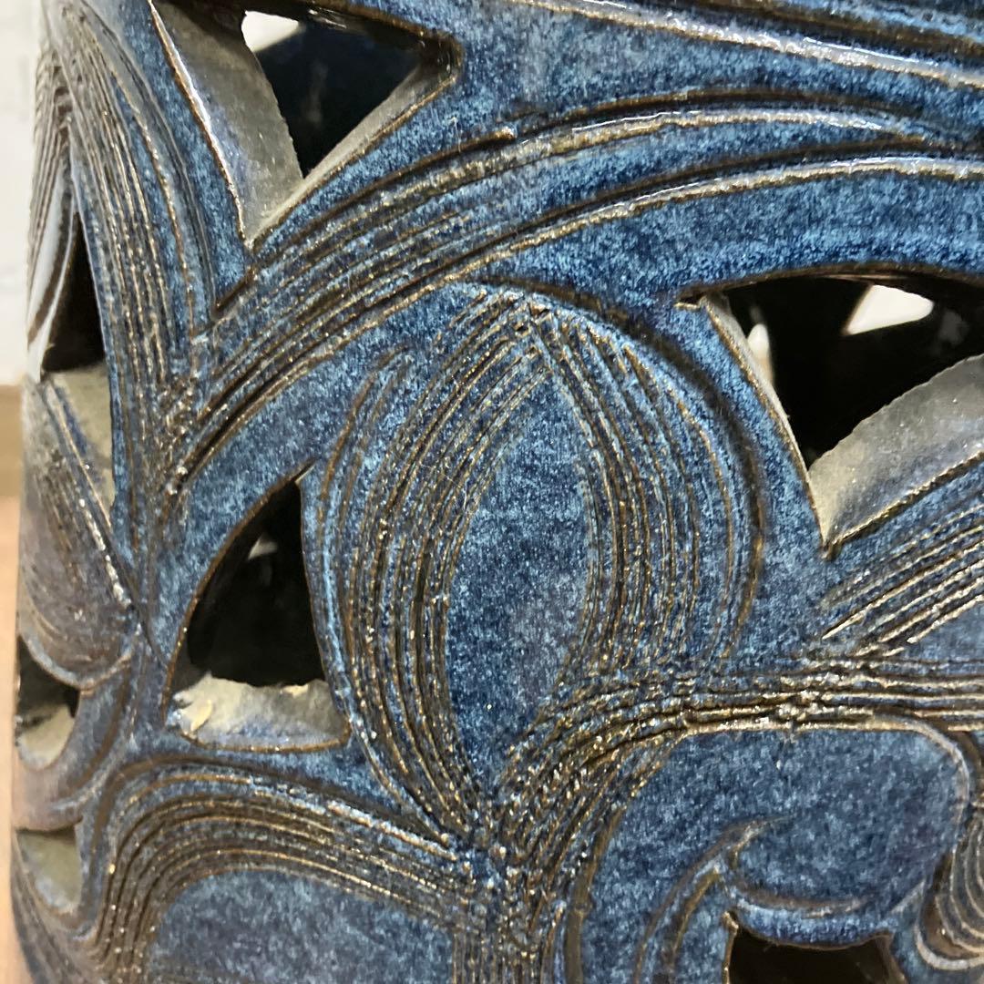 C-5 昭和レトロ 信楽焼 大型 陶器製 円筒形 焼き物 傘立て ブルー 網目