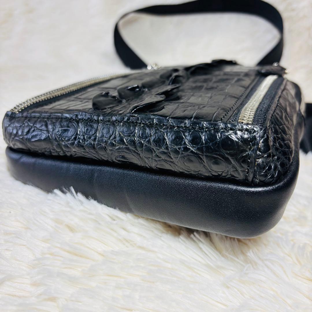 クロコダイル ボディバッグ レザー マットクロコ ブラック 斜め掛け