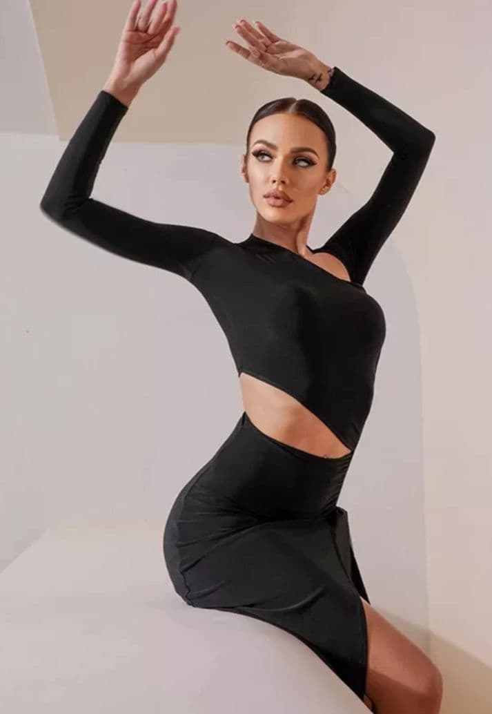 ダンスコスチューム・長袖/ラテンワンピース【黒・Ｓ】新品