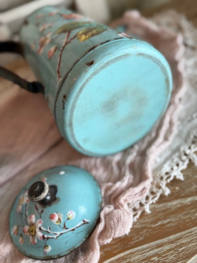 激レア！オールハンドペイントフランスアンティーク水色に小鳥柄の