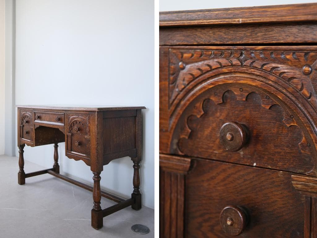 英国アンティーク木製デスク/勉強机/テーブル/飾り棚/オフィス事務(91-200