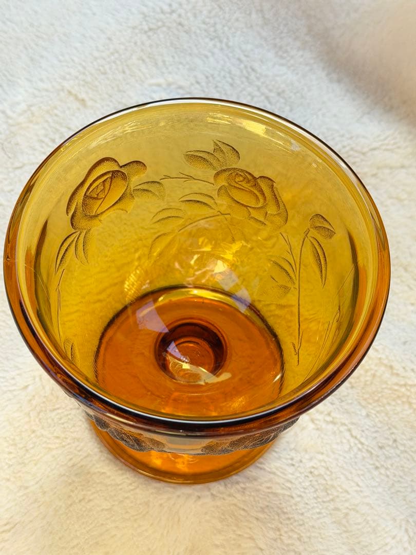 昭和レトロ　ガラスキャニスター　キャンディポット　アンバー　ローズ柄　希少