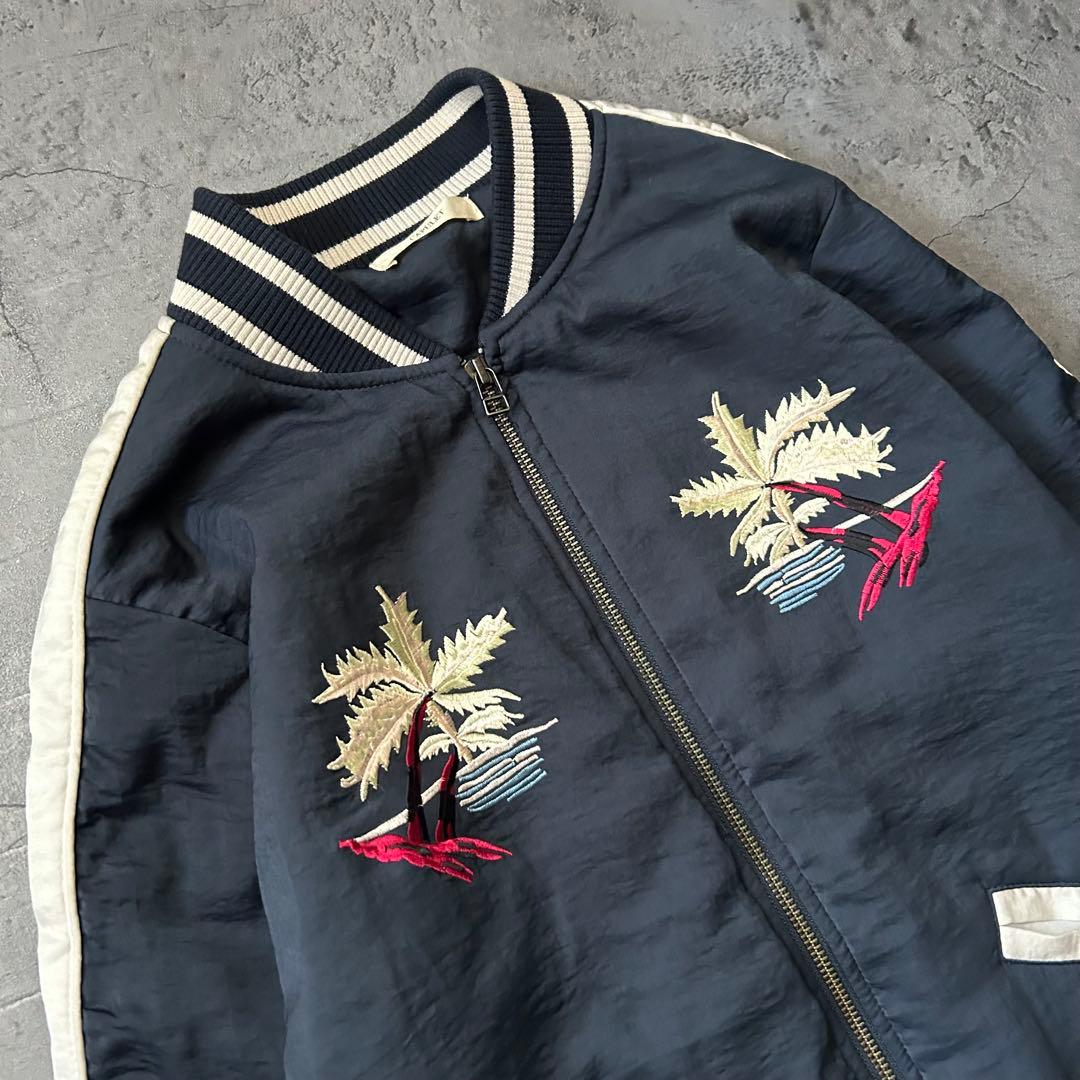 森星着用 刺繍 人気 スカジャン ネイビー ハワイ ローズバッド