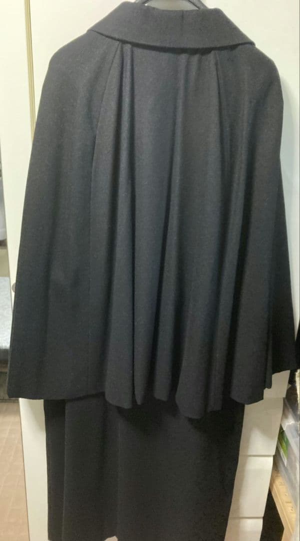 マント　コート　ロング　トンビコート　ロングコート　ウール　黒　L　日本製