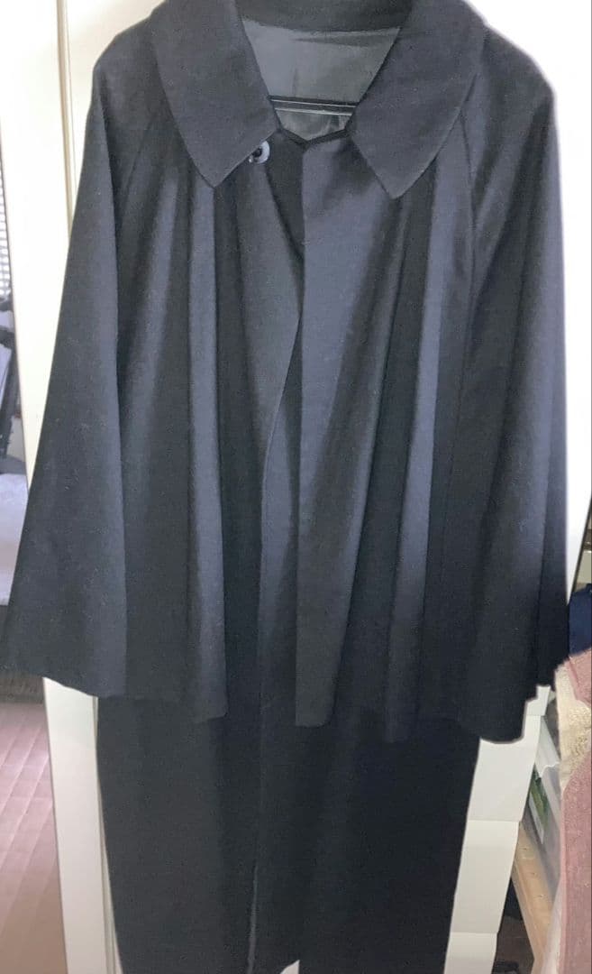 マント　コート　ロング　トンビコート　ロングコート　ウール　黒　L　日本製