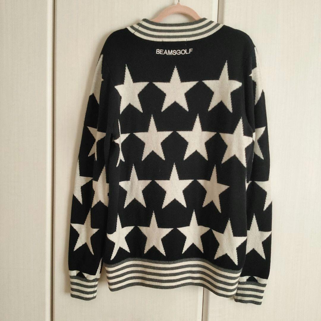 BEAMS GOLF/STARジャガードハイネックセーターL白黒/星形レディース