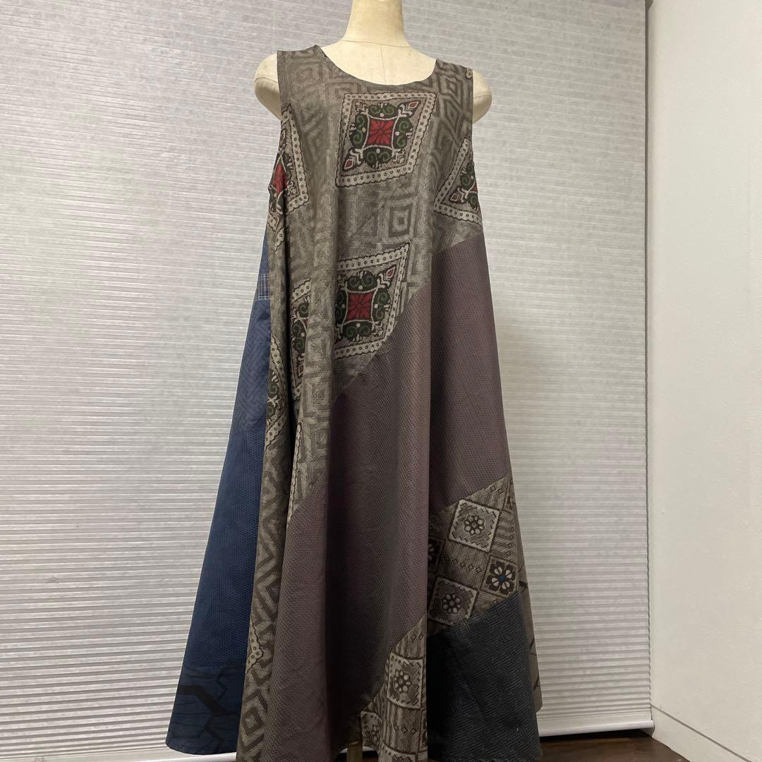 着物ワンピーステントラインロング丈《5》大島紬《龍郷柄7マルキ含む》や紬等L〜