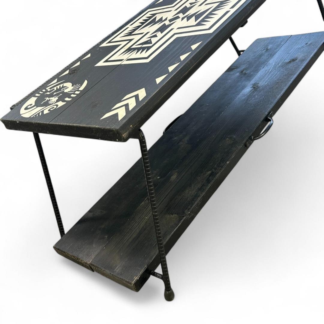 折り畳み アイアンローテーブル ハンドメイド一点物 ネイティブ柄 2段構成可能