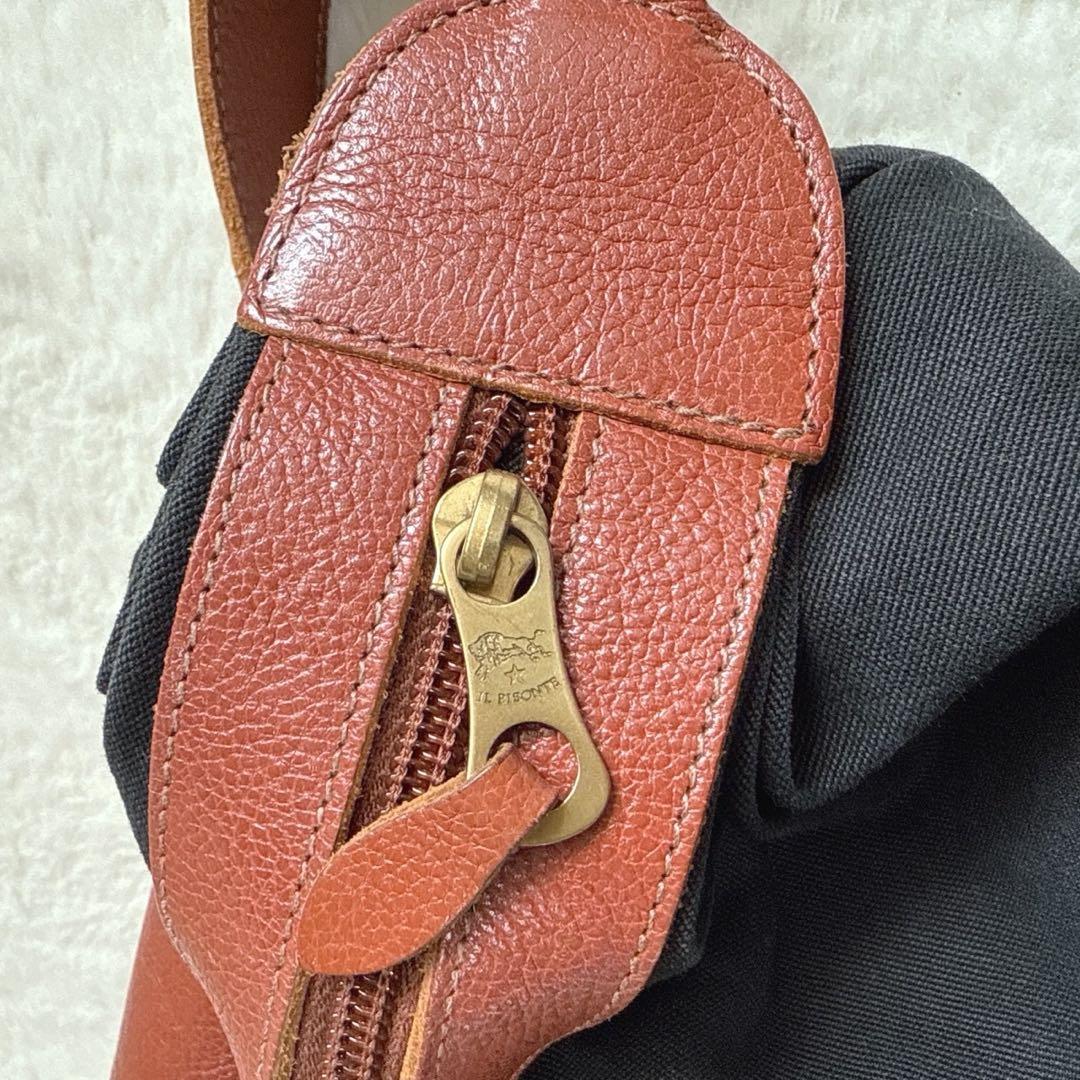 【美品】　IL BISONTE ショルダーバッグ レザー×キャンバス ブラウン