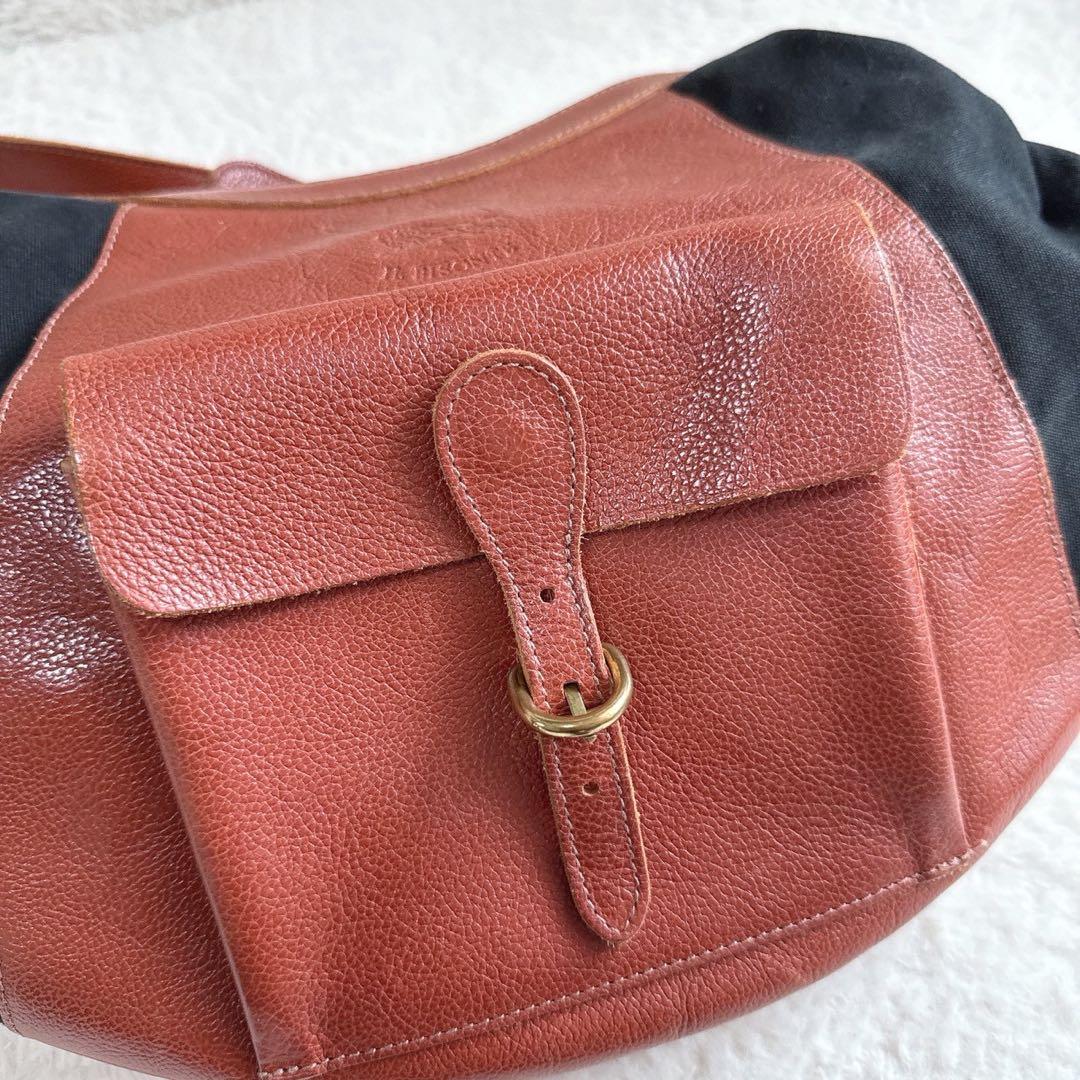 【美品】　IL BISONTE ショルダーバッグ レザー×キャンバス ブラウン