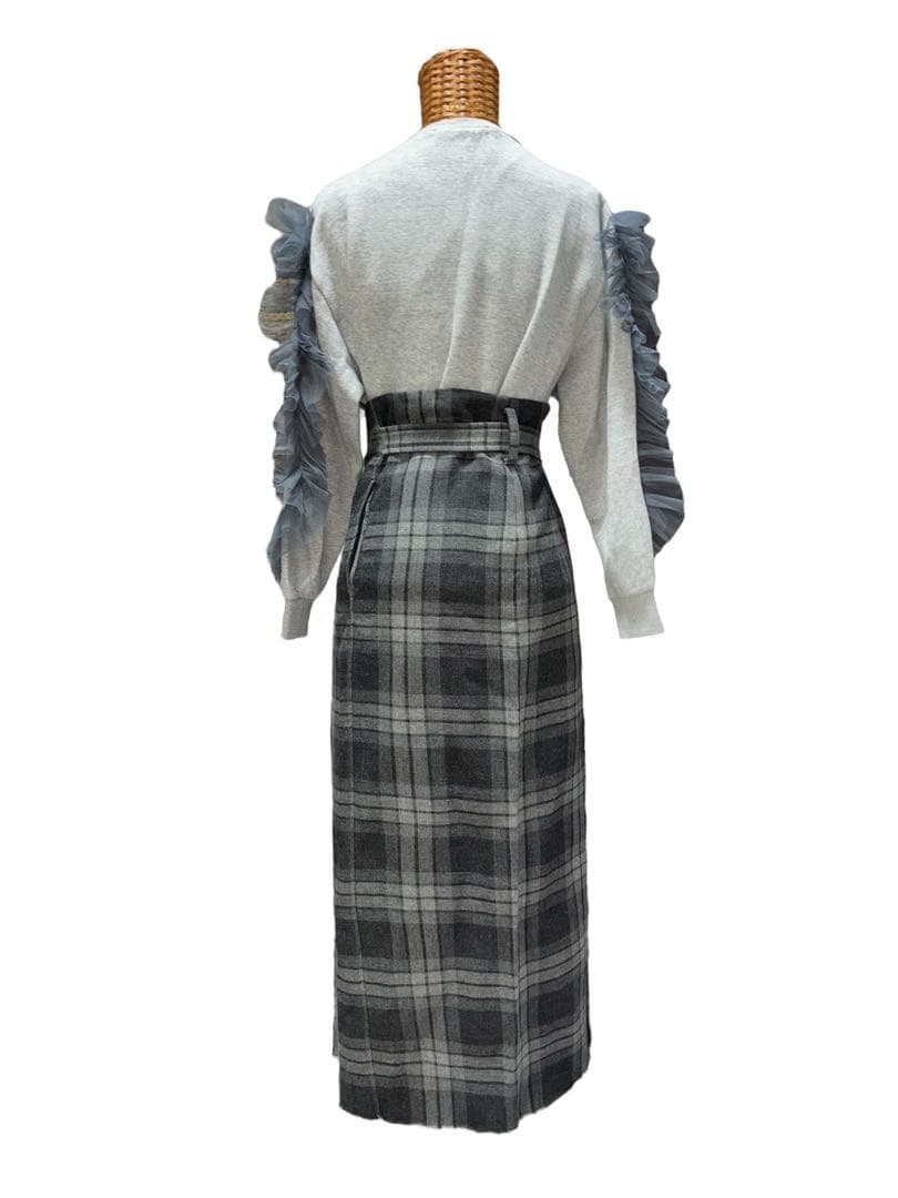 ◎ワイズY's タータンチェックキルトラップスカート 濃淡グレー3