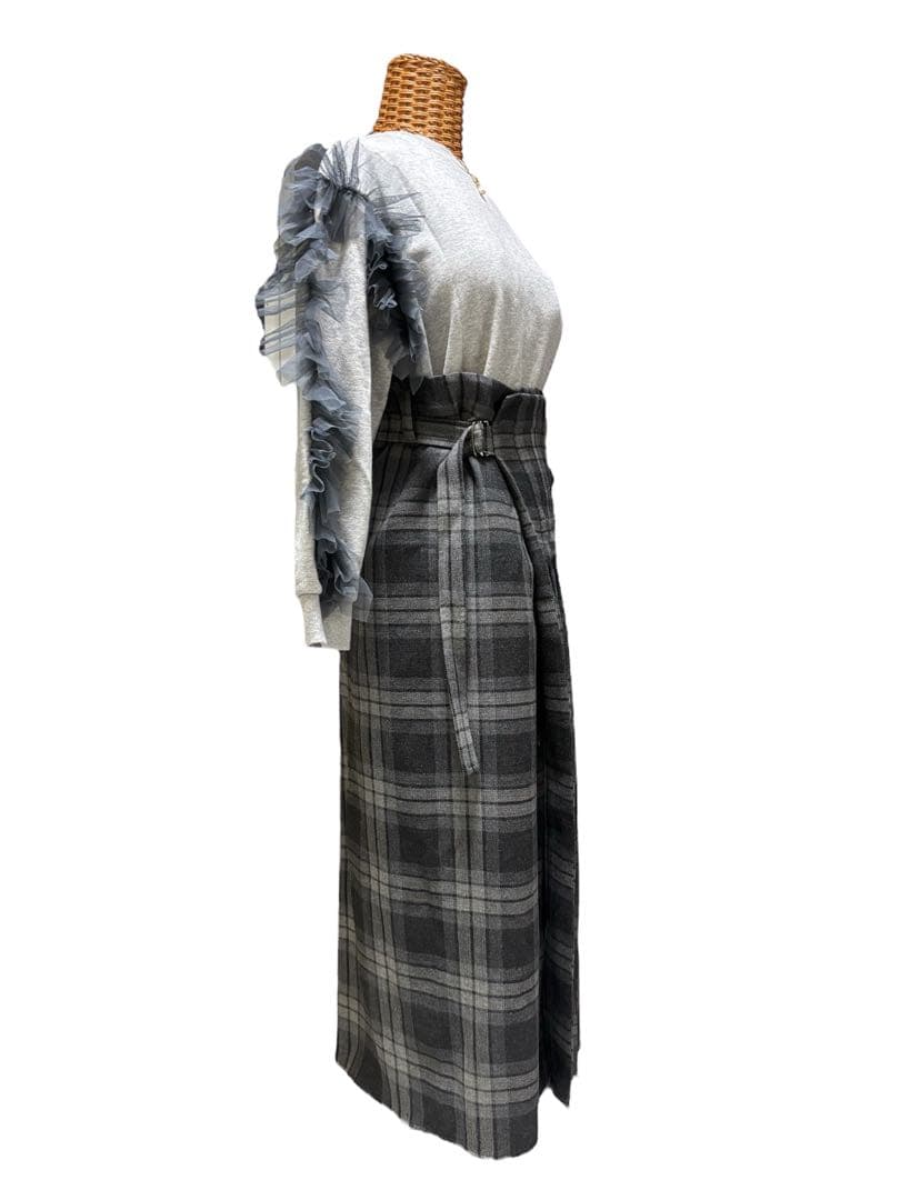 ◎ワイズY's タータンチェックキルトラップスカート 濃淡グレー3
