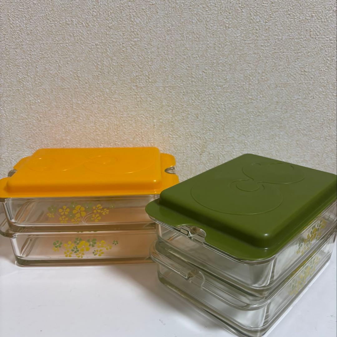 PYREXオールドパイレックス　昭和レトロガラス保存容器 蓋付き２段２セット