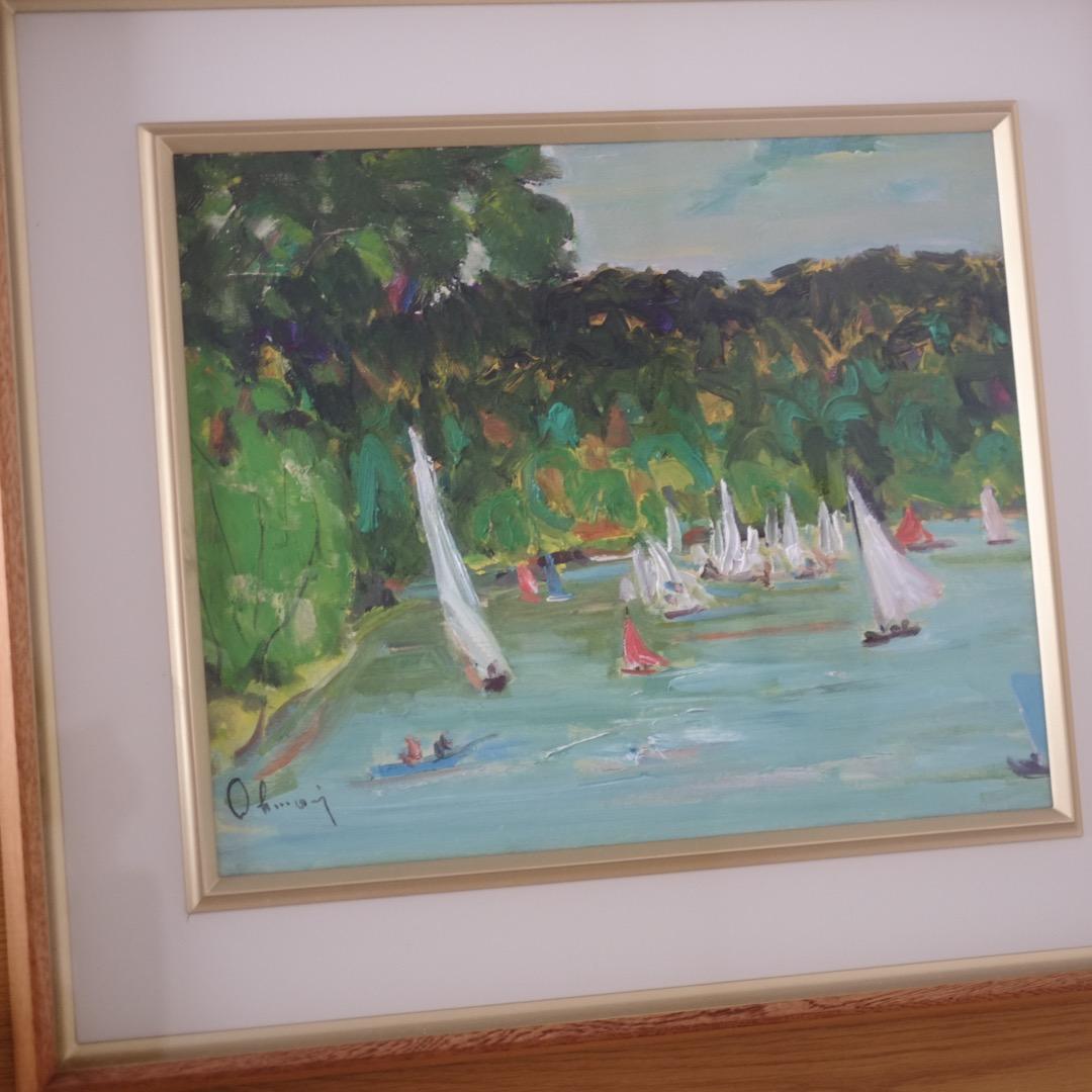 【真筆保証】 大森栄八郎先生作　野尻湖　油絵　絵画　F８サイン入　箱付