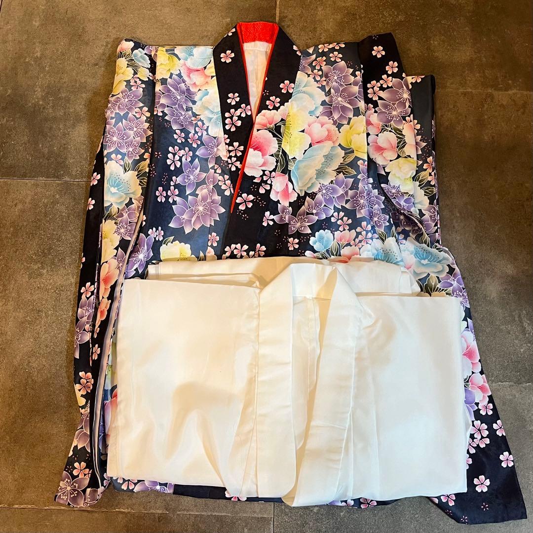 七五三　7歳　女の子　紫　青　四つ身　着物　作り帯　セット　753 七歳