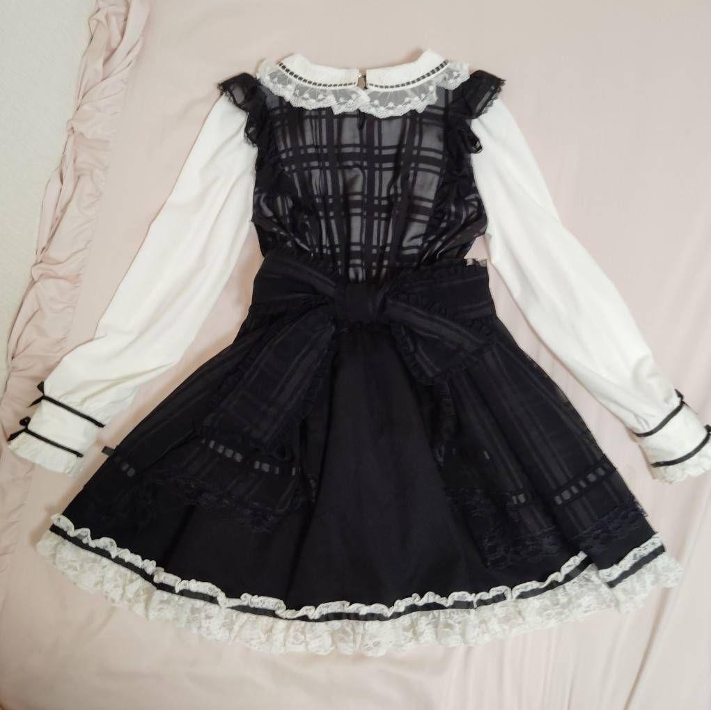 リズリサ　LIZ LISA　シアーチェックエプロンフリルワンピース　ブラック