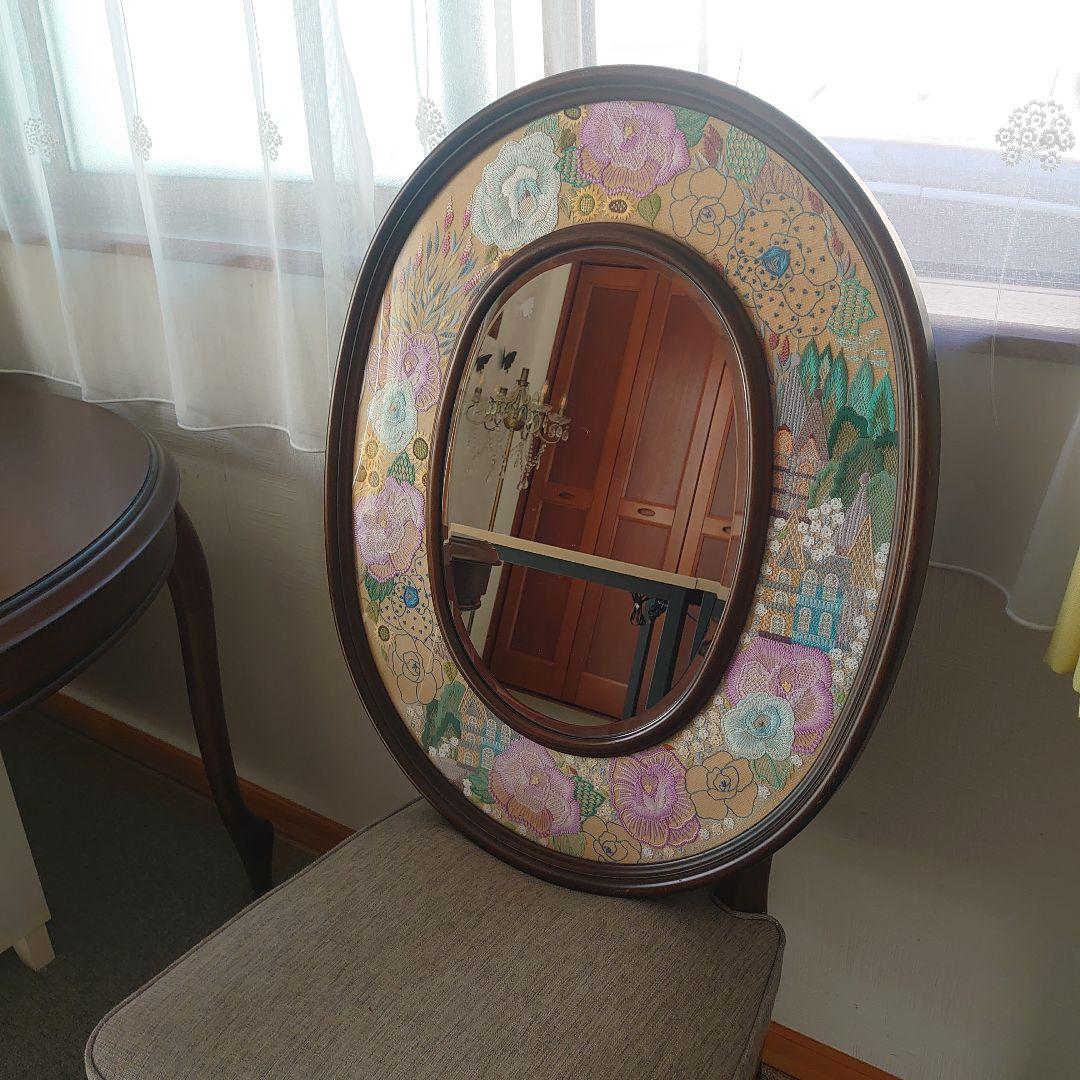 フランス雑貨　鏡　花　刺繍　レース　大型ミラー　木製フレーム　オーバル型