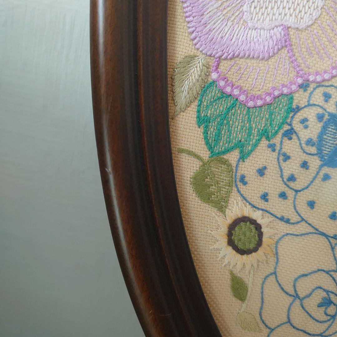 フランス雑貨　鏡　花　刺繍　レース　大型ミラー　木製フレーム　オーバル型