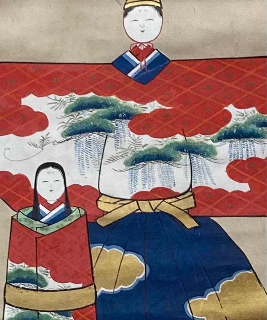 B316b「古画 色彩立雛図」掛軸　作者不詳　桃の節句　葵紋竹屋町裂・和紙表装