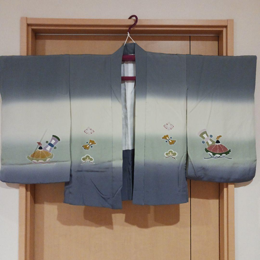 【着物は正絹！】男児　三歳　羽織　着物　袴　雪駄　小物　セット　灰色×黒縞