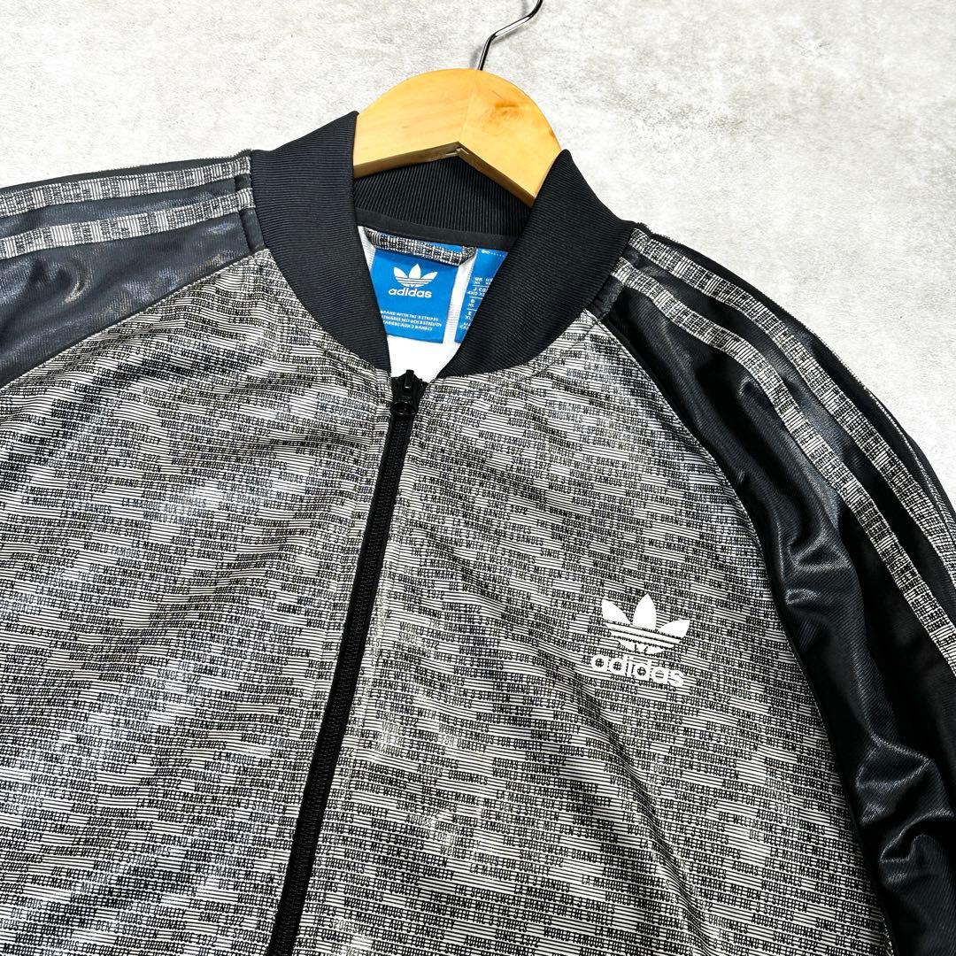 adidas トラックジャケット 英字 シルバー ブラック 総柄 サイズ4XO