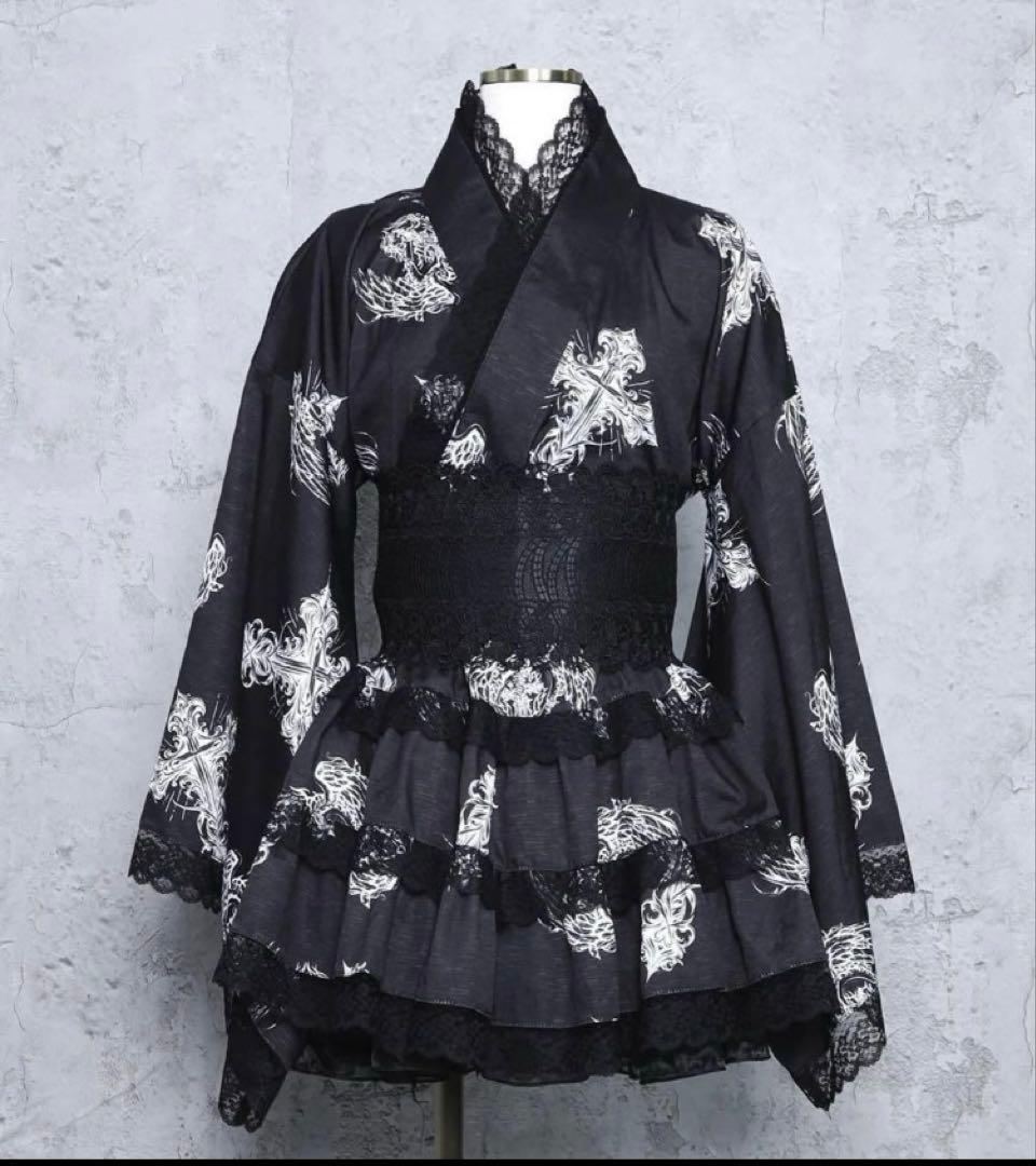 amilige クロスハート羽総柄浴衣ワンピース＋帯セット　地雷　ミニ浴衣