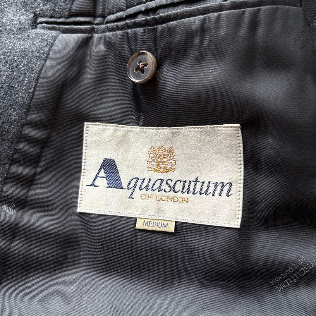 美品【アンゴラ70%】アクアスキュータム　ウールコートM　灰　膝丈　裏ロゴ総柄
