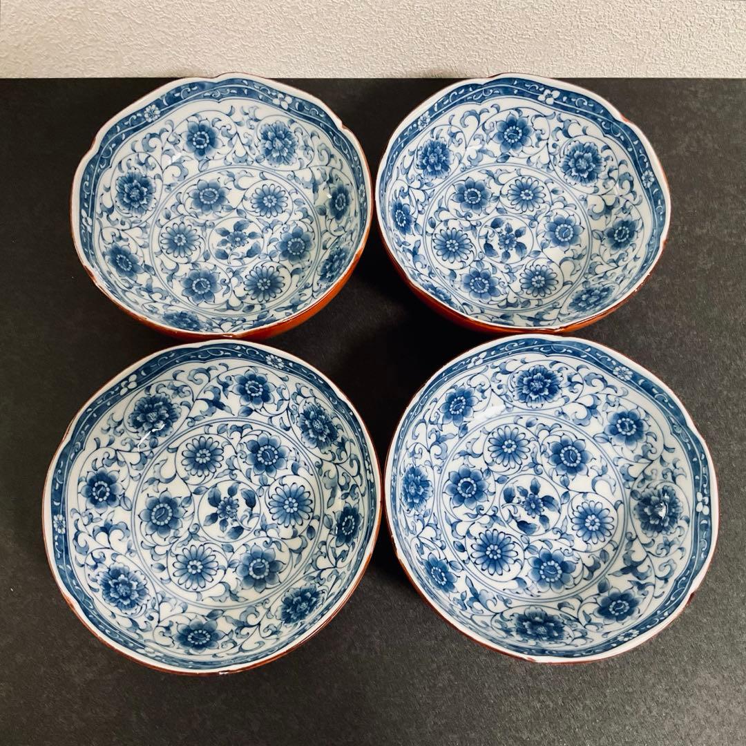 ⭐️工芸品⭐️【４枚セット】藍染錦彩 赤絵 染付 鉢皿 銘々皿 盛皿