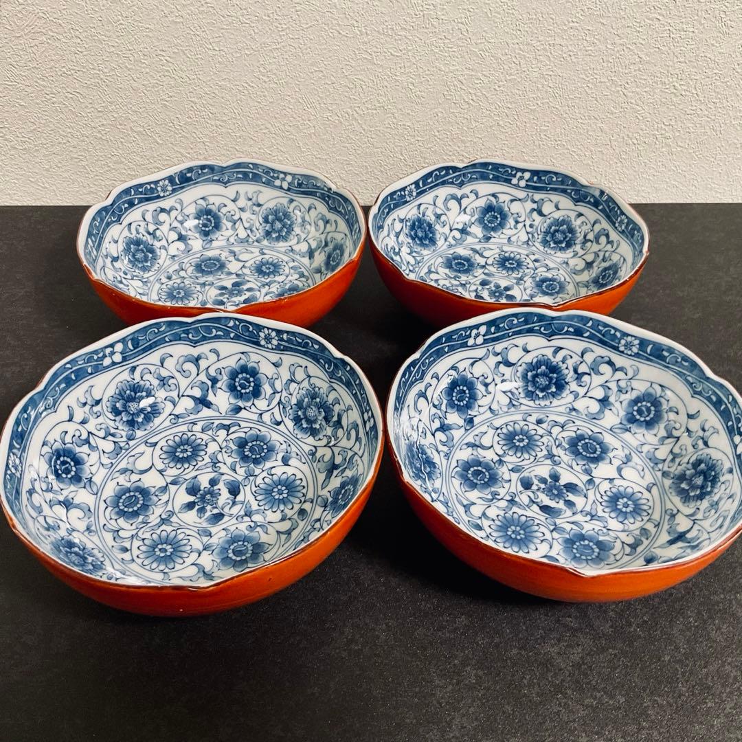 ⭐️工芸品⭐️【４枚セット】藍染錦彩 赤絵 染付 鉢皿 銘々皿 盛皿