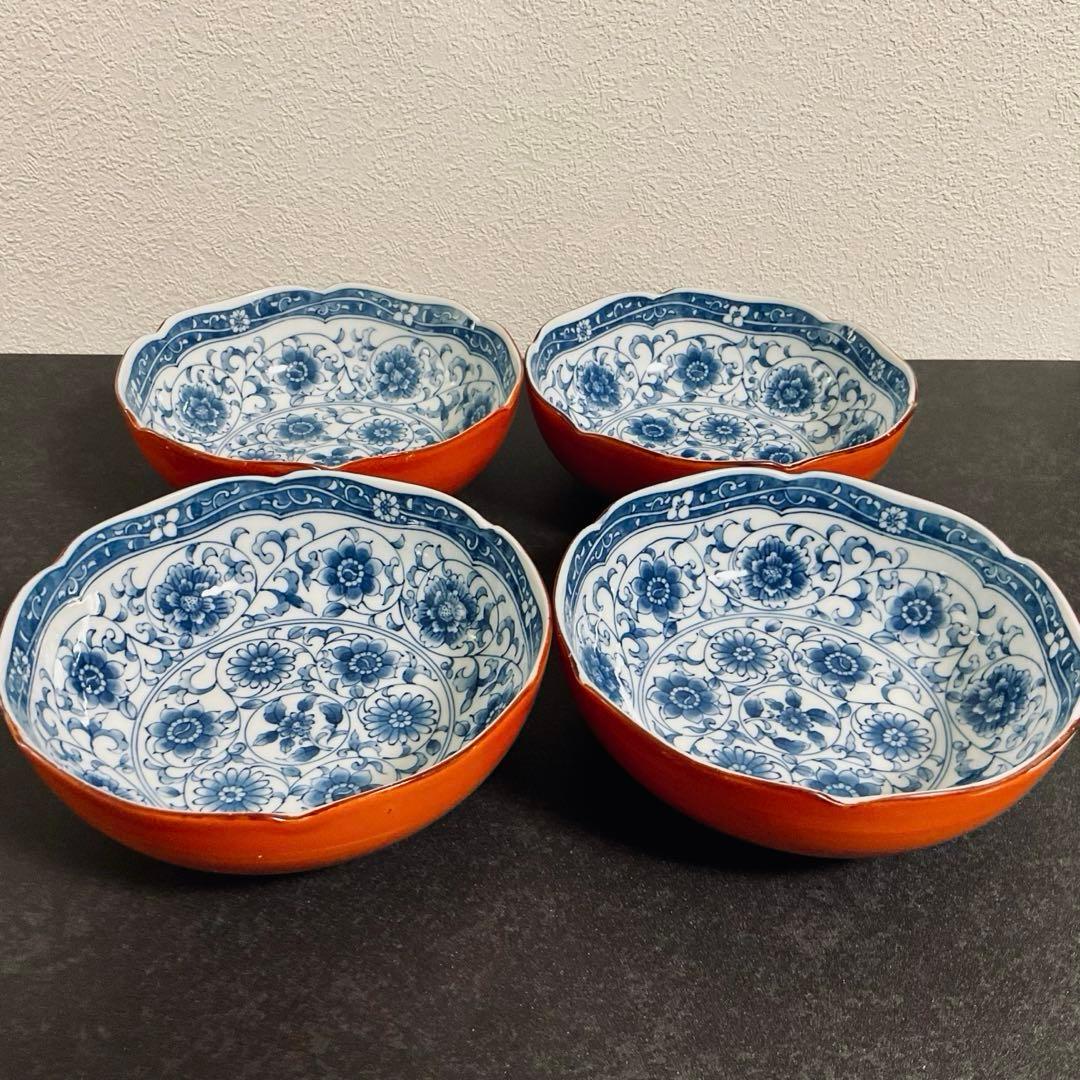 ⭐️工芸品⭐️【４枚セット】藍染錦彩 赤絵 染付 鉢皿 銘々皿 盛皿