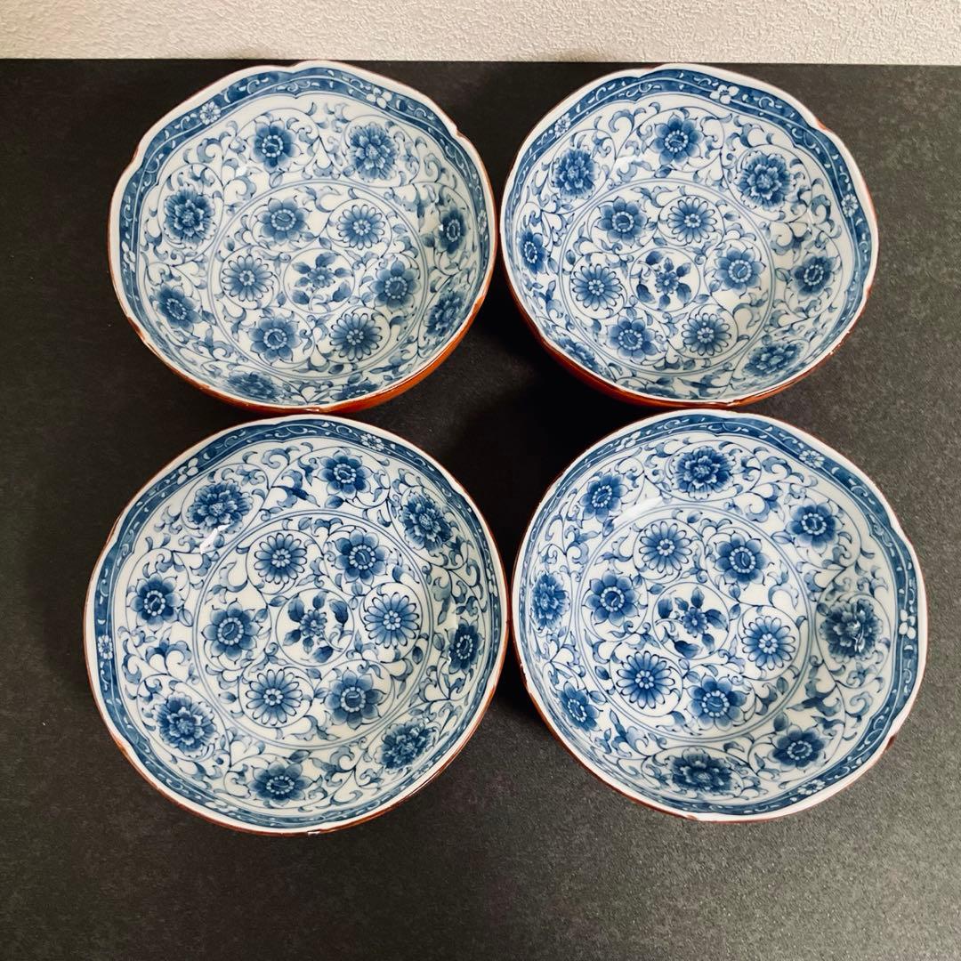 ⭐️工芸品⭐️【４枚セット】藍染錦彩 赤絵 染付 鉢皿 銘々皿 盛皿